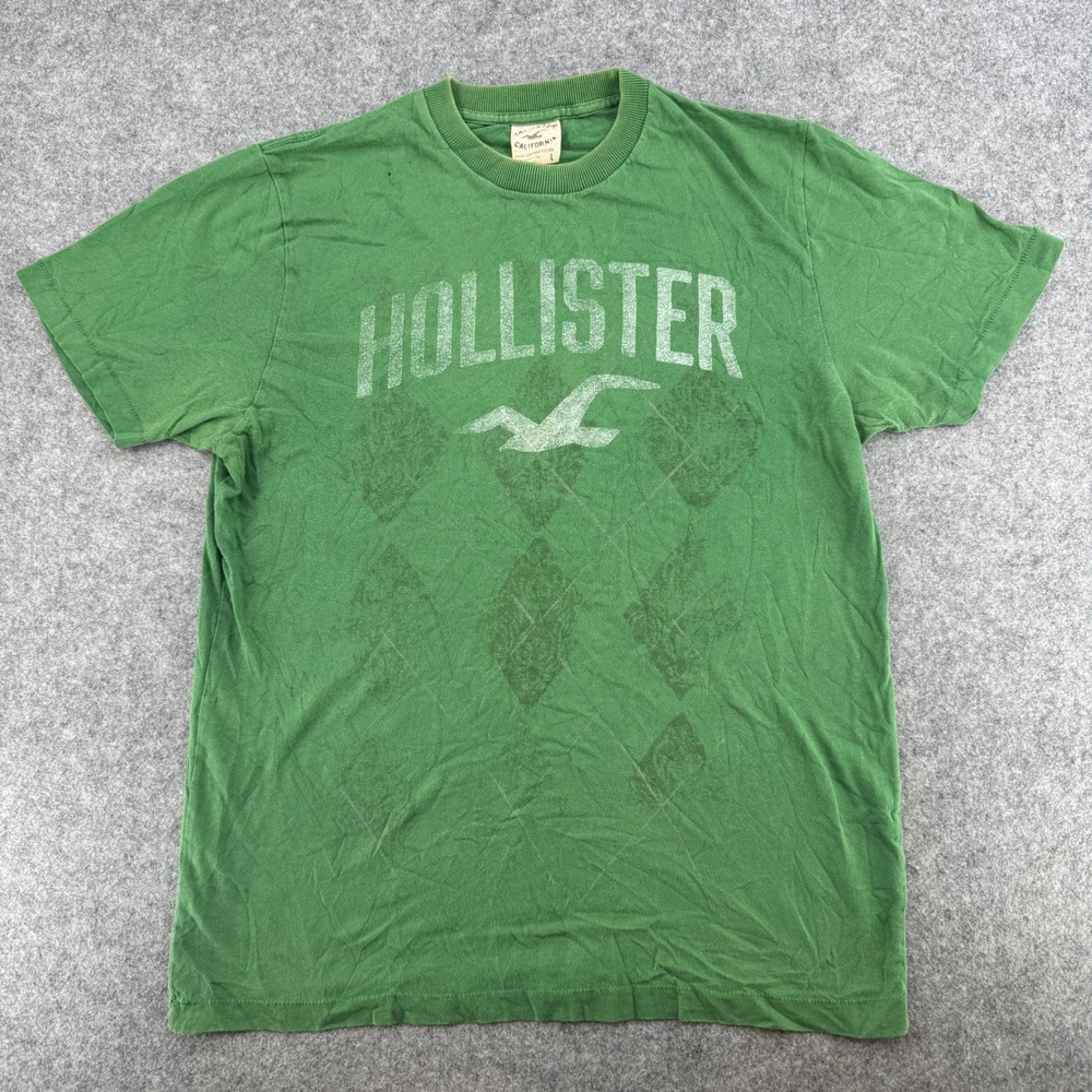 VTG Y2K Hollister Graphic Tee Mens Large Short Sleeve Green Distressed Logo